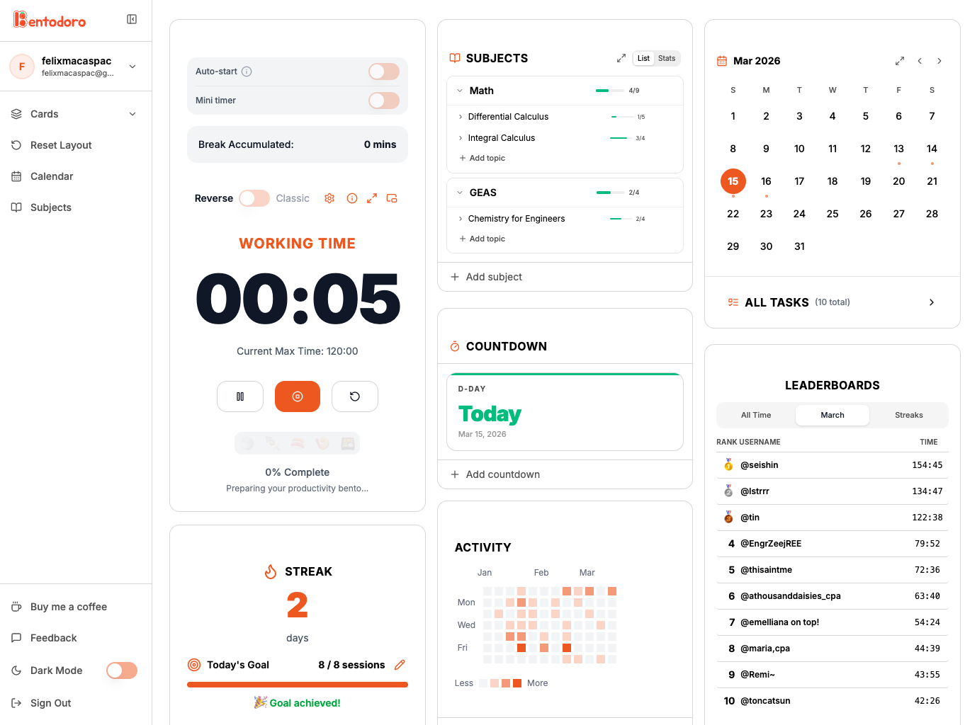 Bentodoro's timer alongside subject topics, a review calendar, and saved study activity
