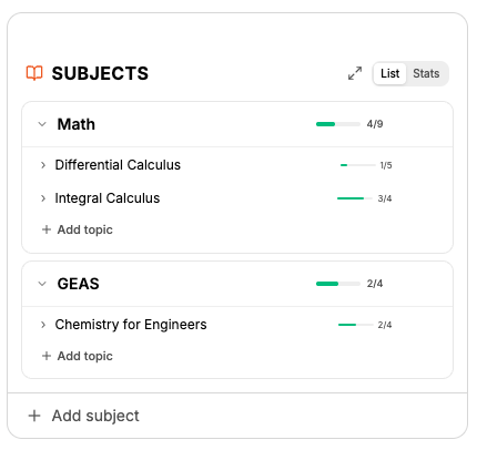 Bentodoro subject tracker showing Math and GEAS topics with completion progress